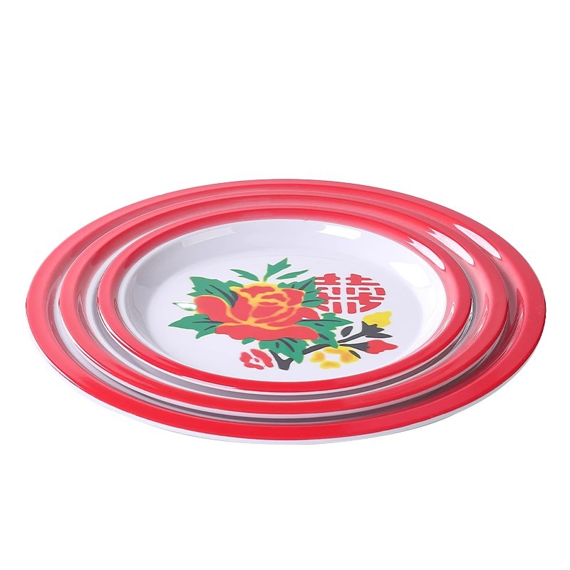 Double Happiness Melamine Preparation Plate Set for Hot Pot, Retro Vintage Street Stall Dish for Commercial Use