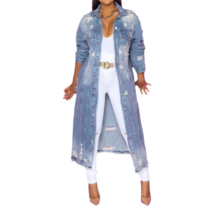 Amazon European and American Spring and Autumn New lapel breasted washed ripped Denim long sleeve coat Women's Mid-length trench coat jacket