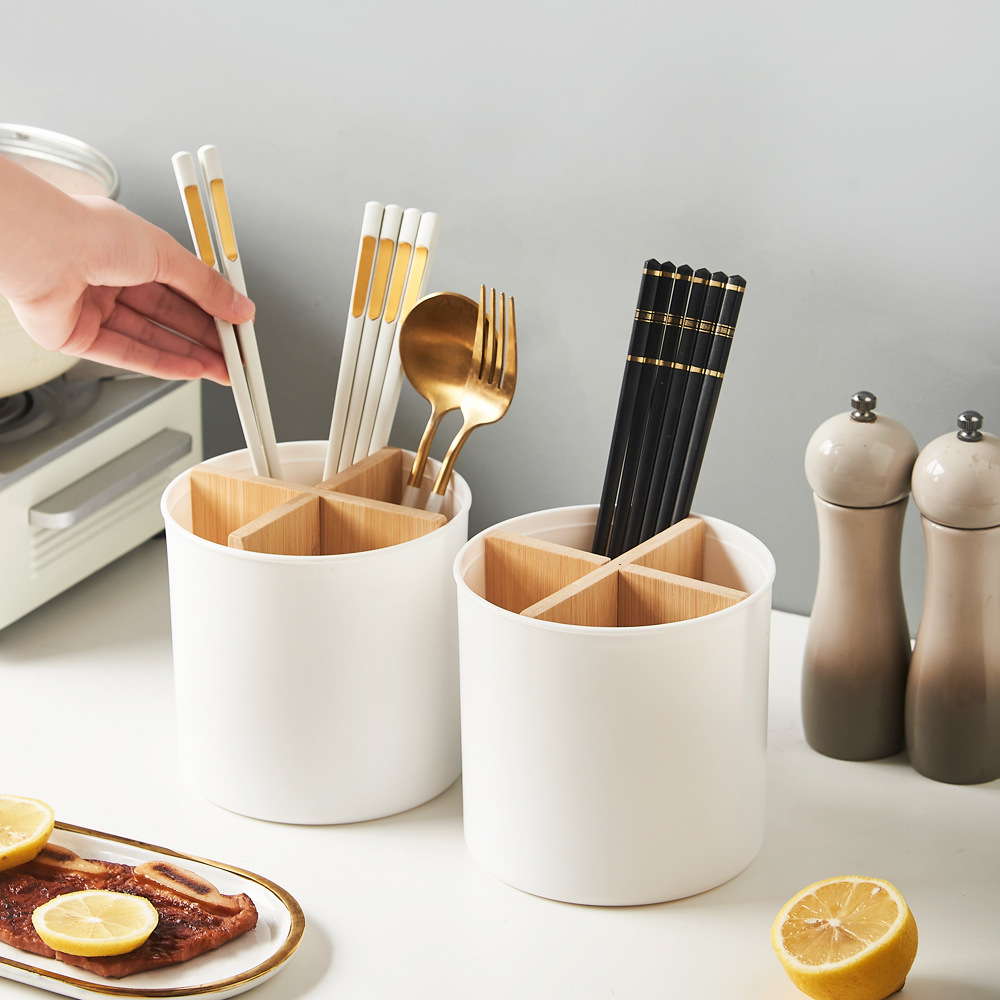 Creative Chopsticks Rack Household Kitchen Spoon Tableware Storage Tube Plastic Chopsticks Cage Storage Rack Bamboo and Wood Compartment Storage Rack