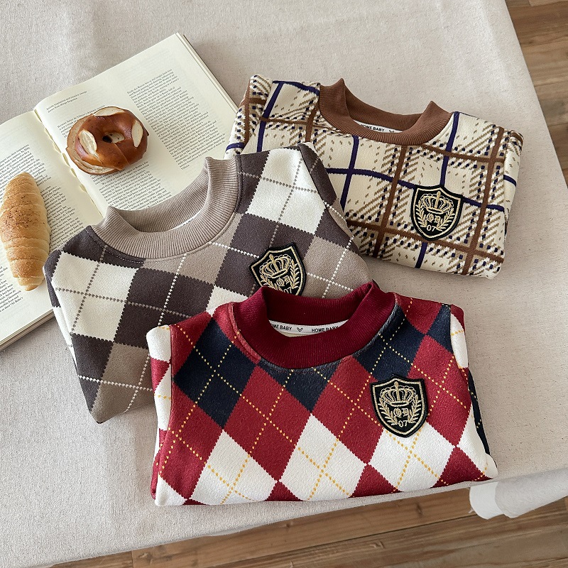 Children's Knitted Crewneck Sweater Baby's fleece-lined Thickened Warm Top Korean Style Preppy Style Microblouse Sweater for Boys and Girls