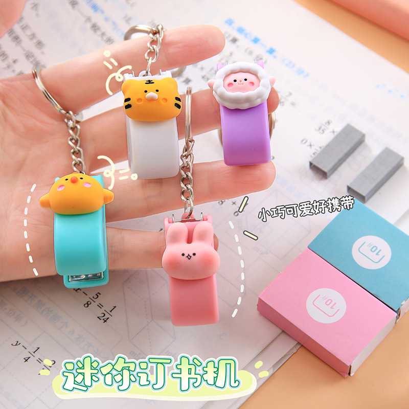 Portable Cute Cartoon Mini Small Stapler Creative Student Office Small Stapler with Keychain