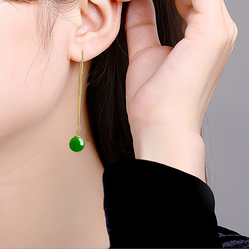 Natural Hetian Jade Jasper Round Bead Earrings for Women 18K Gold Inlaid Spinach Green Jade Round Bead Earrings with Certificate