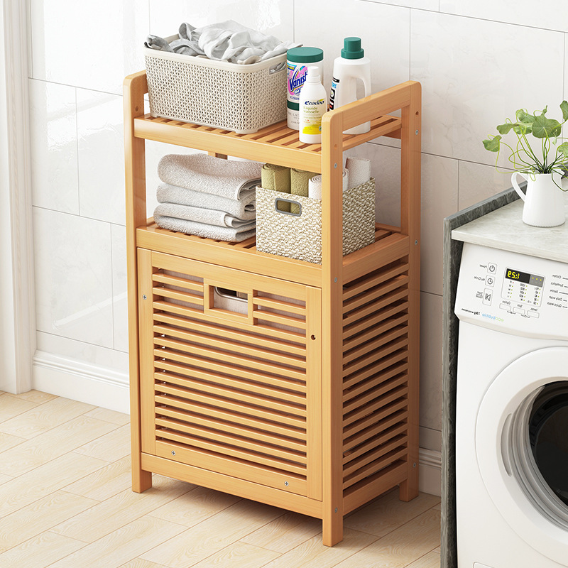 Multi-functional Multi-layer Large Solid Wood Floor Bathroom Clothes Storage Rack Clothes Basket Storage Bathroom Clothes Basket Bucket