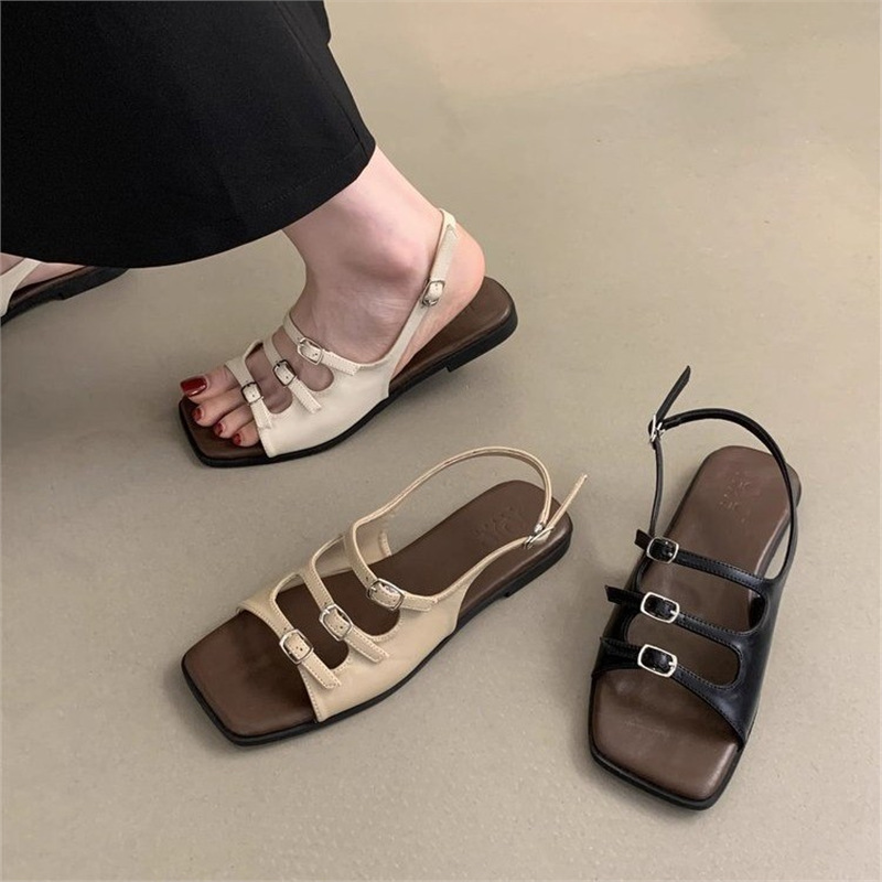 Fashion Sandals Women's Summer 2024 New Vintage French Style Fairy Style Beach Seaside Fashion Soft Flat Roman Shoes