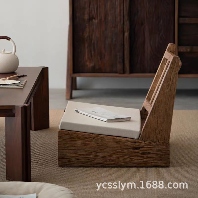 Quiet Style Old Elm Wooden Backrest Leisure Chair Full Solid Wood New Chinese Tatami Single Chair Elm Wooden Sofa Chair