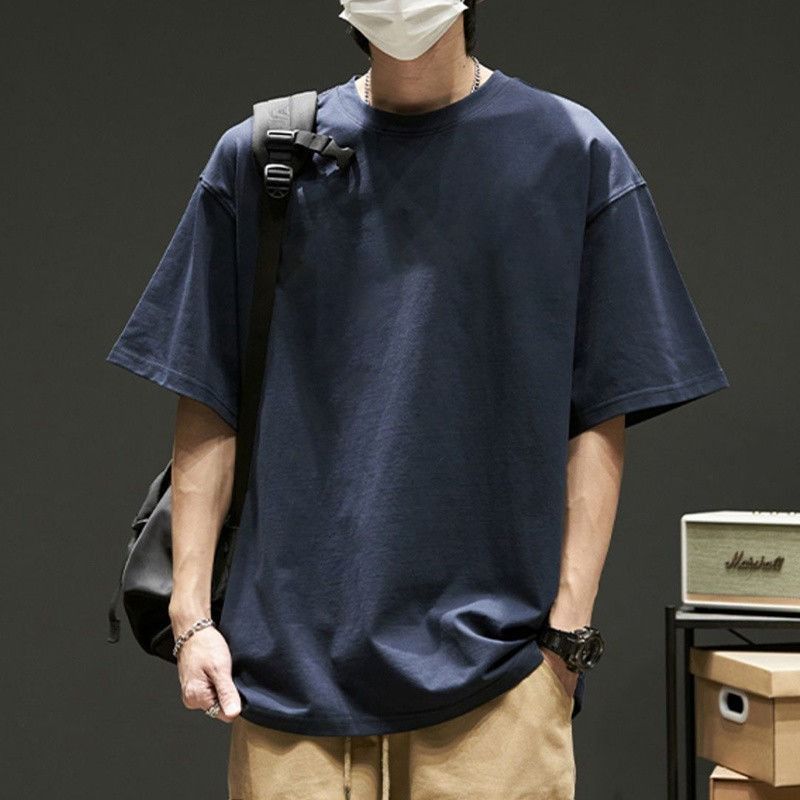 2025 Summer New Heavyweight Pure Cotton Short-Sleeve T-Shirt Solid Color Loose Versatile Men's Simple Trendy Versatile Base Shirt