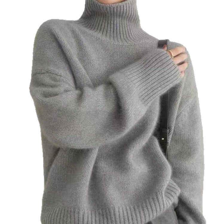 Autumn and Winter New European Turtleneck Sweater Women's Thickened Loose Lazy Style Sweater All-match Solid Color Knitted Base Shirt