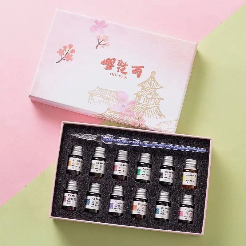 Glass Pen Starry Sky Dipped Fountain Pen Crystal Pen Ancient Style Color Ink Quicksand Pen Student Popular Birthday Gift Box Set