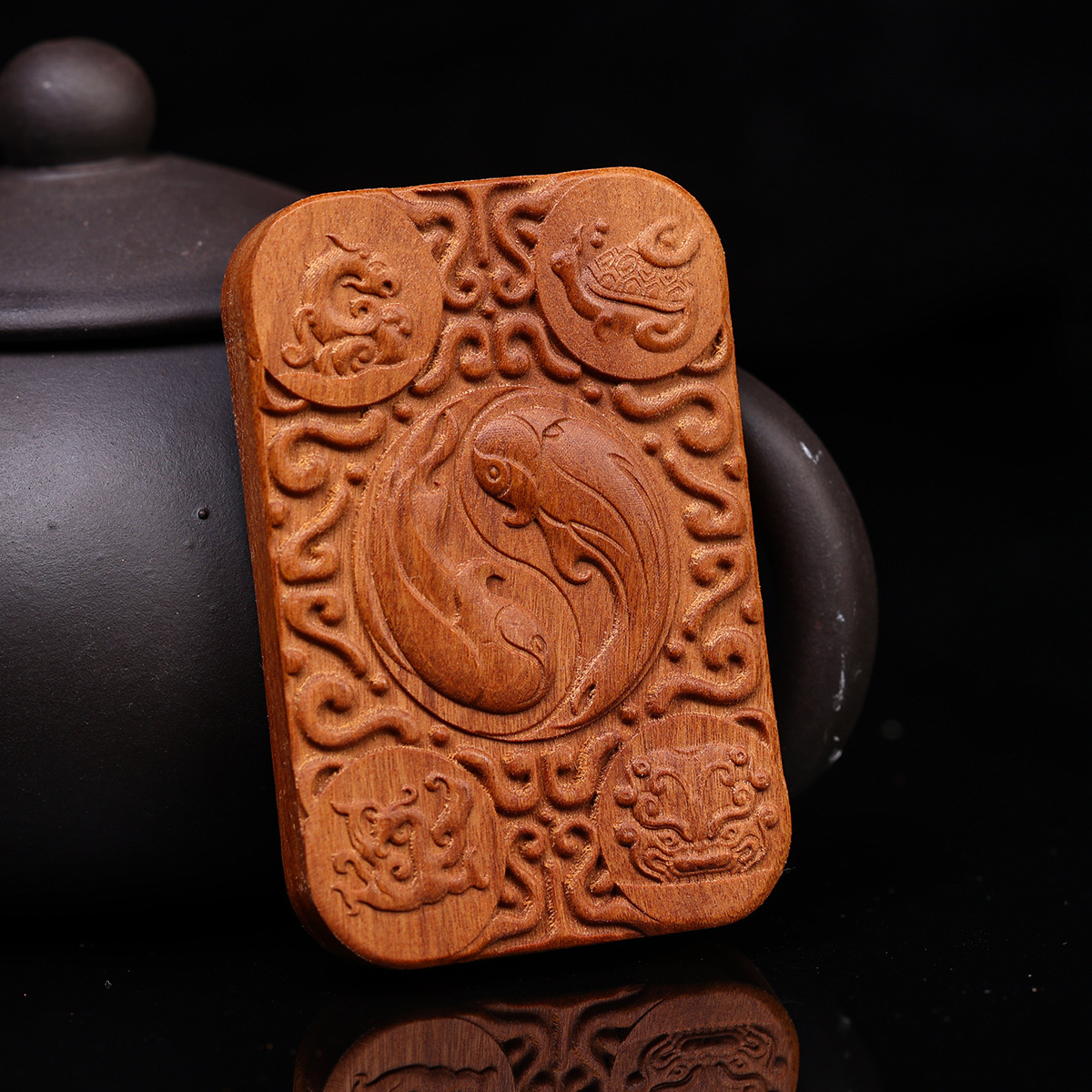 Lightning-Struck Jujube Wood Peace Pendant Yin-Yang Fish Pendant Taoist Talisman Portable Accessory Old Material Dark Carved Hand