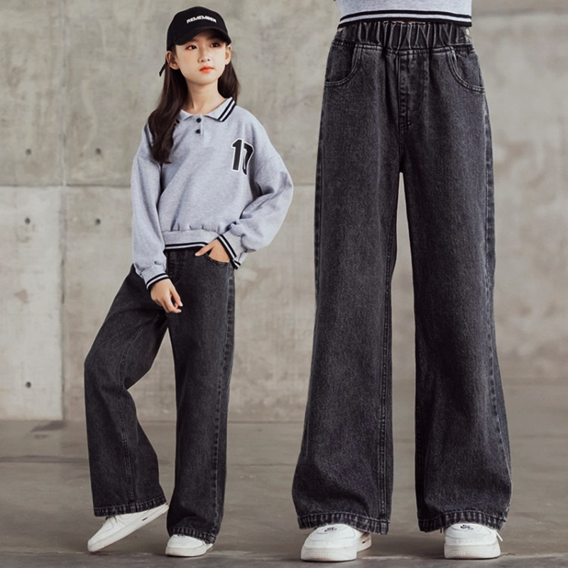 Girls' Straight-Leg Jeans Spring and Autumn Western Style Little Girl's Large Children's Autumn Casual Loose Children's Wear Wide-Leg Pants