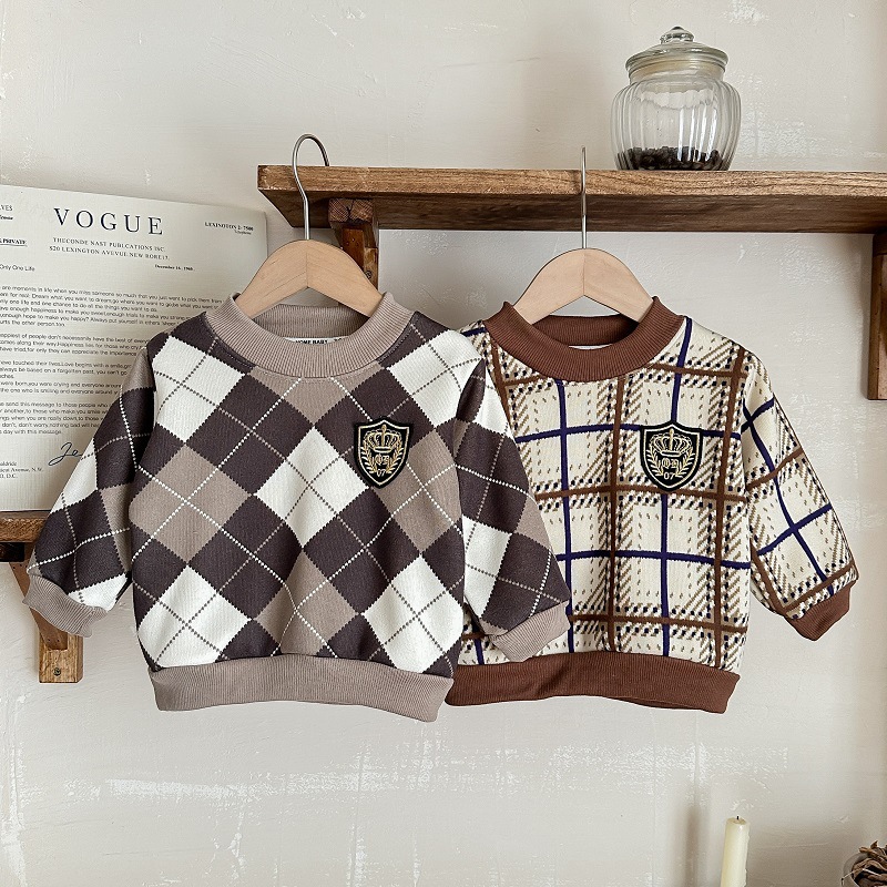 Children's Knitted Crewneck Sweater Baby's fleece-lined Thickened Warm Top Korean Style Preppy Style Microblouse Sweater for Boys and Girls