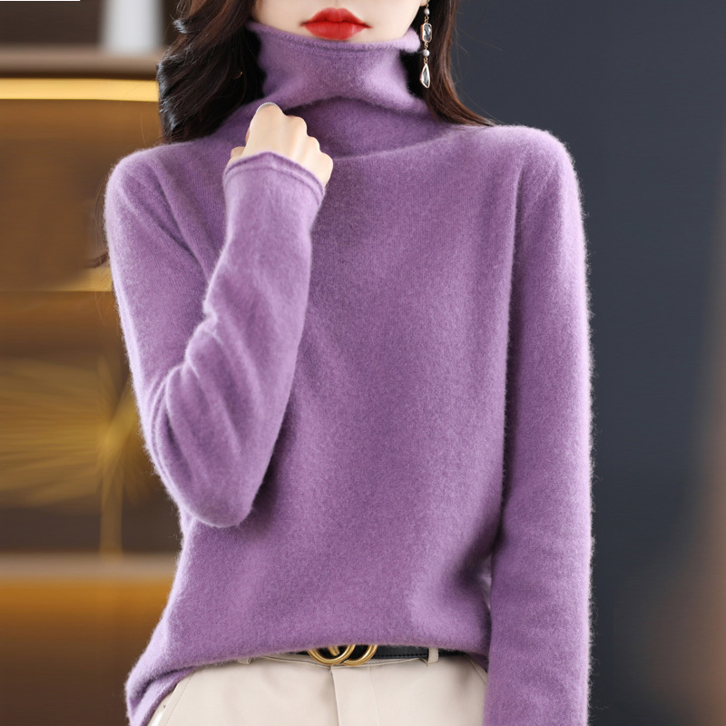 First-line clothes pile collar 100 woolen sweater women's loose inner knitted bottoming shirt seamless turtleneck cashmere sweater