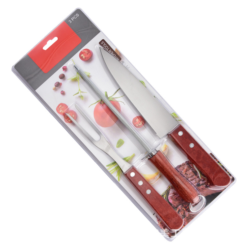 BBQ sharpener stick fork kitchen knife camping barbecue tools double-sided suction card 410 stainless steel solid wood handle baking tool 3-piece set