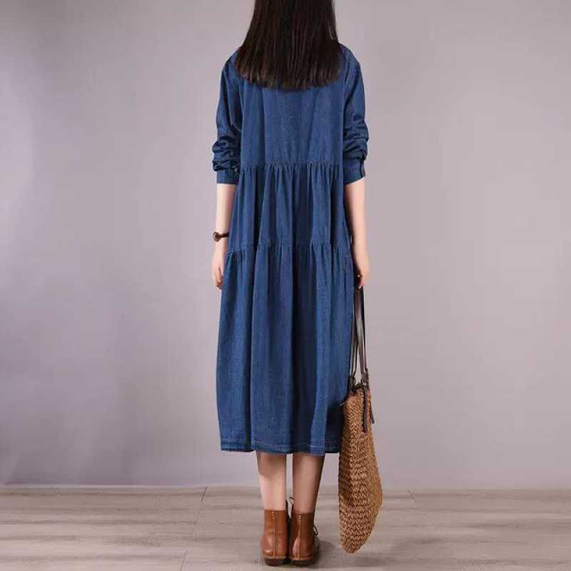 2024 Autumn New Long-sleeved Loose Shirt Collar Grinding White Stitching Pleated Large Dress Denim dress
