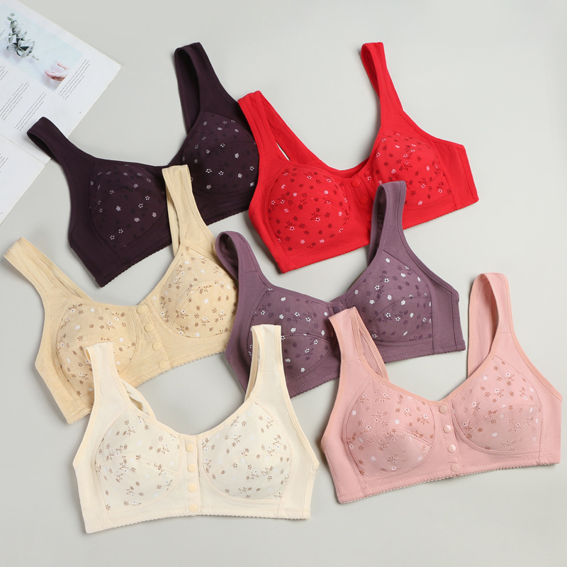 New Printed Front Button Underwear for Women, Soft Cotton Vest, Middle-Aged and Elderly Bra, Large Size Non-Wired Underwear for Women