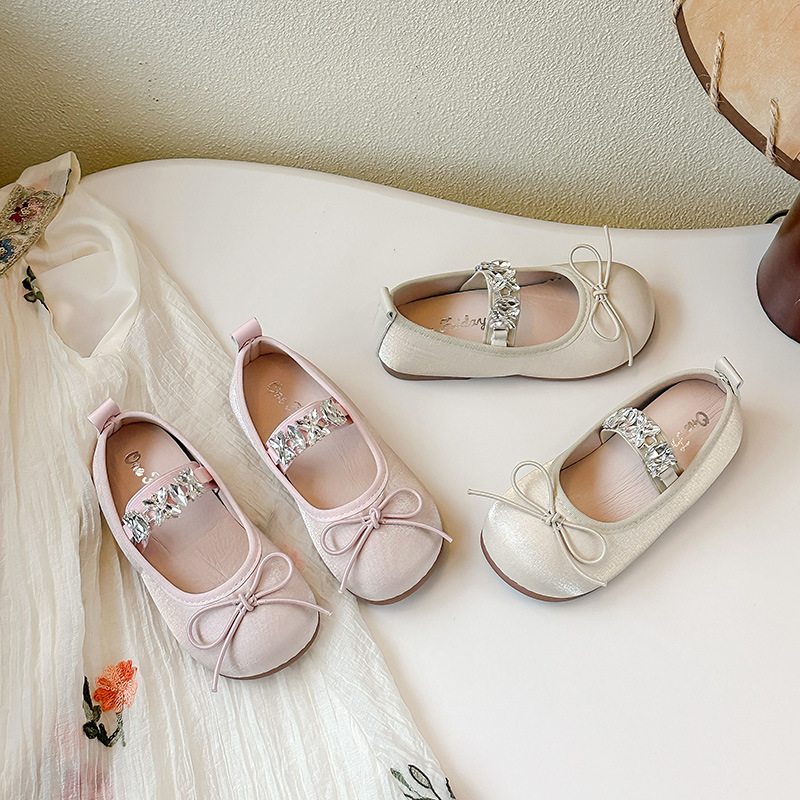 Girls Satin Princess Shoes 2025 Spring New Rhinestone Small Leather Shoes French Fashion Elegant Shoes