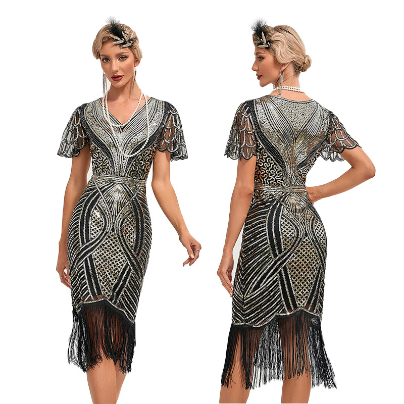 1920s retro dance party embroidered tassel dress cocktail party plus size sequined beaded mesh jumpsuit