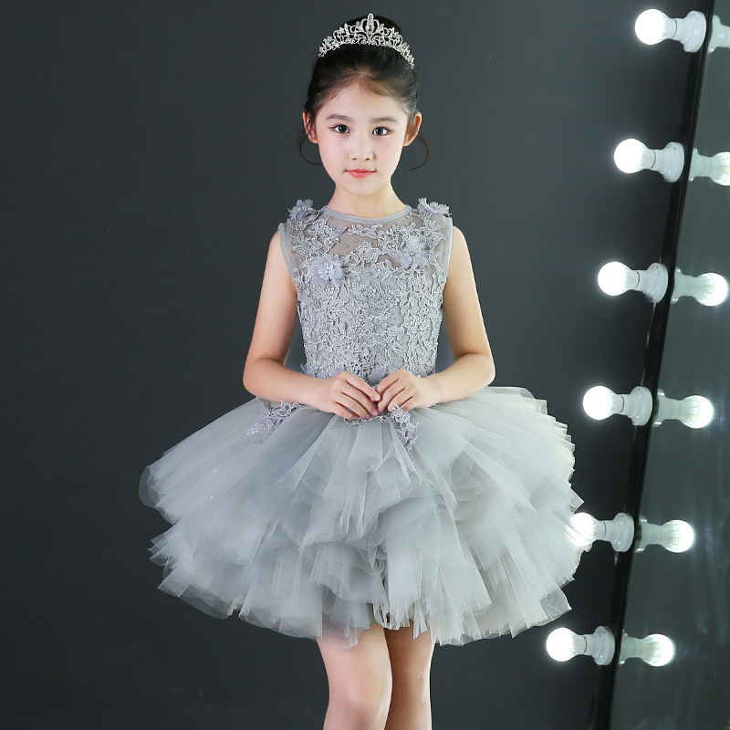 Girls' Evening Dress Princess Dress Grey Model Trailing Wedding Dress Tutu Dress Children's Piano Costume Host