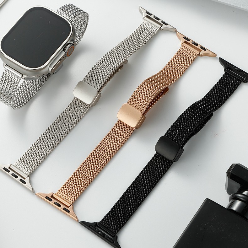 Suitable for Apple Applewatch Watch Stainless Steel Foldableing Magnetic Buckle Wheat Ear Mesh Women's Metal Watch Strap