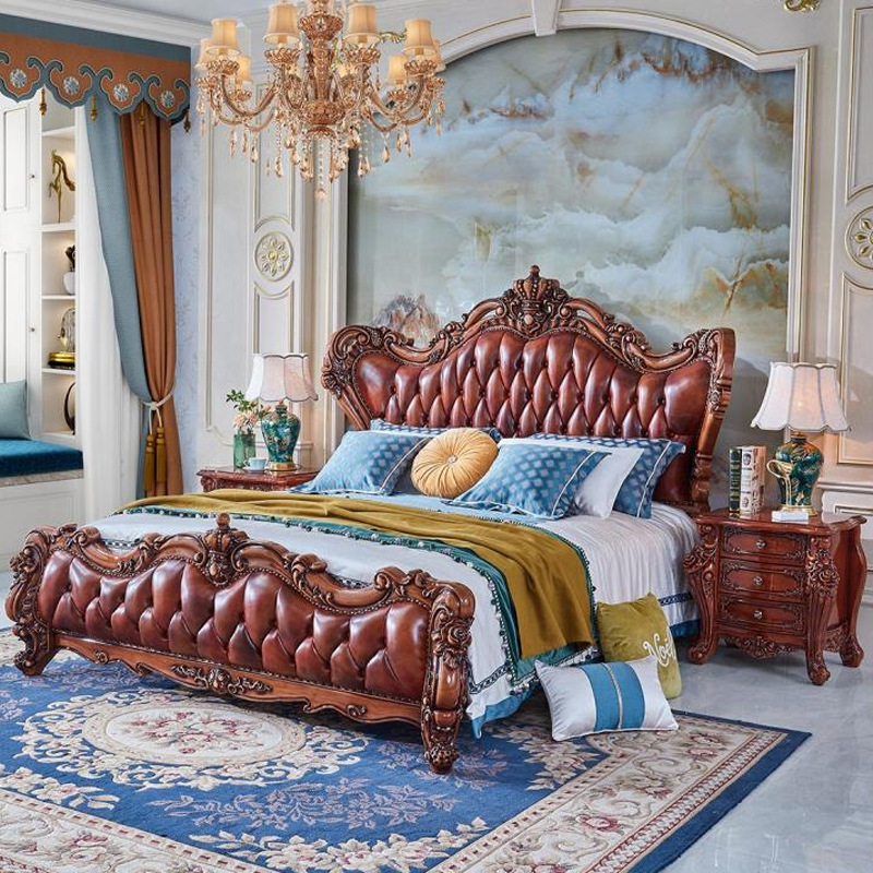 European Leather Sofa 123 Combination Living Room Solid Wood Carved Villa Large Apartment American Luxury Solid Wood Sofa