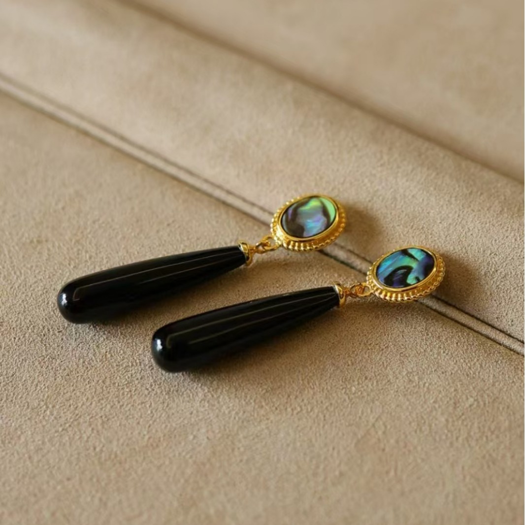 Retro Round Natural Abalone Shell Black Agate Water Drop Earrings Earrings Wholesale High-End Women's Jewelry Silver Jewelry