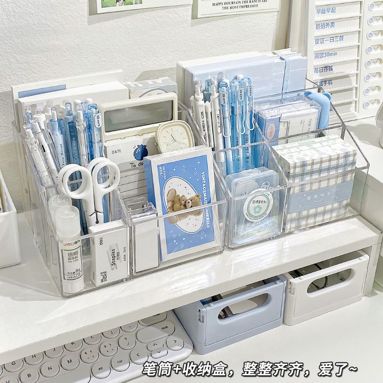 Transparent acrylic desktop pen holder large capacity student note storage box office desk storage rack organizing box