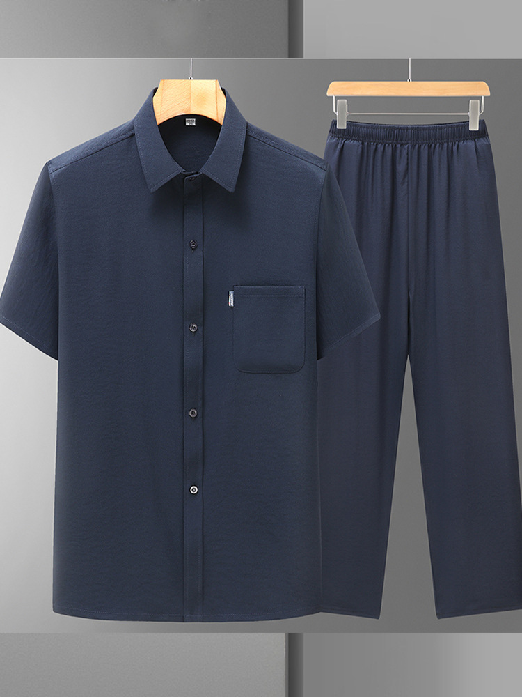 Men's Summer Middle-aged Dad Shirt Men's Cotton and Linen Short-sleeved Trousers Chinese Style suit Thin Loose suit