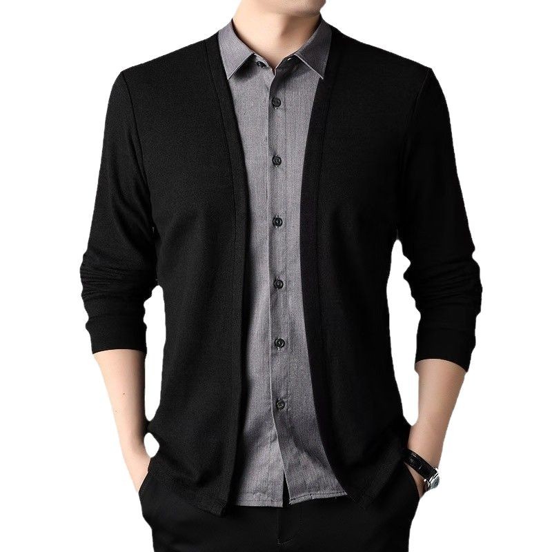 2024 Autumn New Men's Fake Two-Piece Shirt Sweater Cardigan Casual Business Sweater Sweater Jacket Men's Clothing