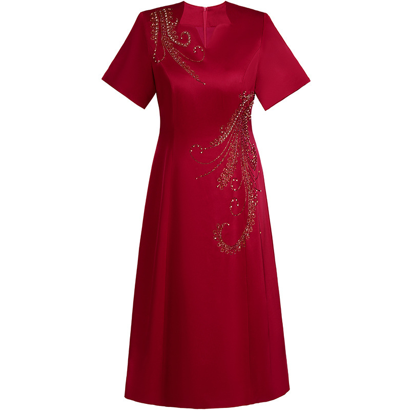 Mother's Cheongsam Red Summer Dress Embroidered New Arrival Middle-aged Mother's Fashionable Skirt Slim-looking Usually Wear