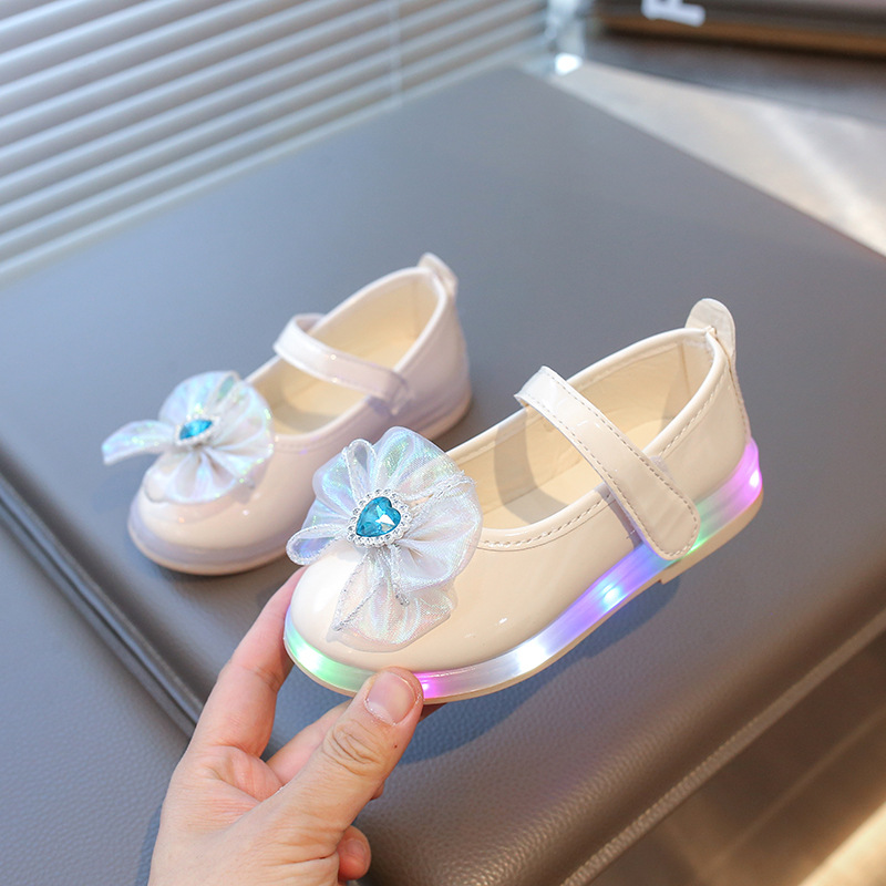 2025 Spring New Girls Princess Shoes Bow Rhinestone Lighting Shoes Princess Leather Shoes Girls Shoes