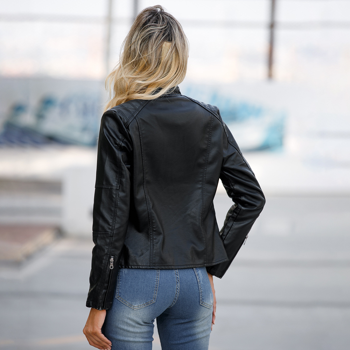 Cross-border European-sized Women's Leather Clothing Women's Slim-fit Jacket Thin Spring and Autumn Coat Women's Bike Clothing Large Size Leather Jacket with Stand Collar