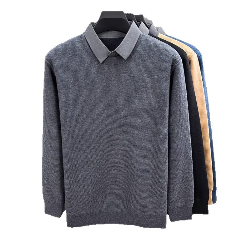 Winter fleece-lined Thickened Fake Two-piece Sweater Middle-aged Men's Fashion Shirt Collar Casual Base Knitted Warm Top