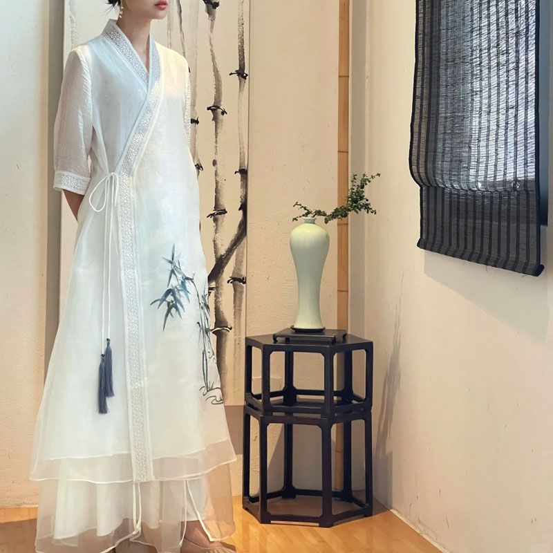 Spring 2025 Daily Fairy Zen Tea Clothing Chinese Hanfu Improved Cheongsam Little Man Tea Artist dress