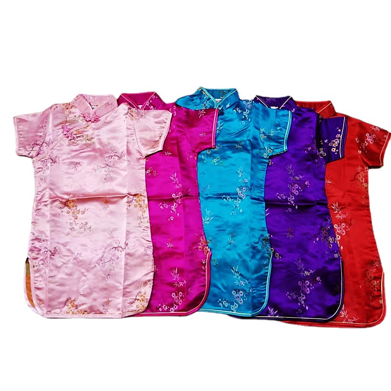 Factory direct supply brocade plum bamboo children's cheongsam cute satin red princess skirt foreign trade girls New Year dress