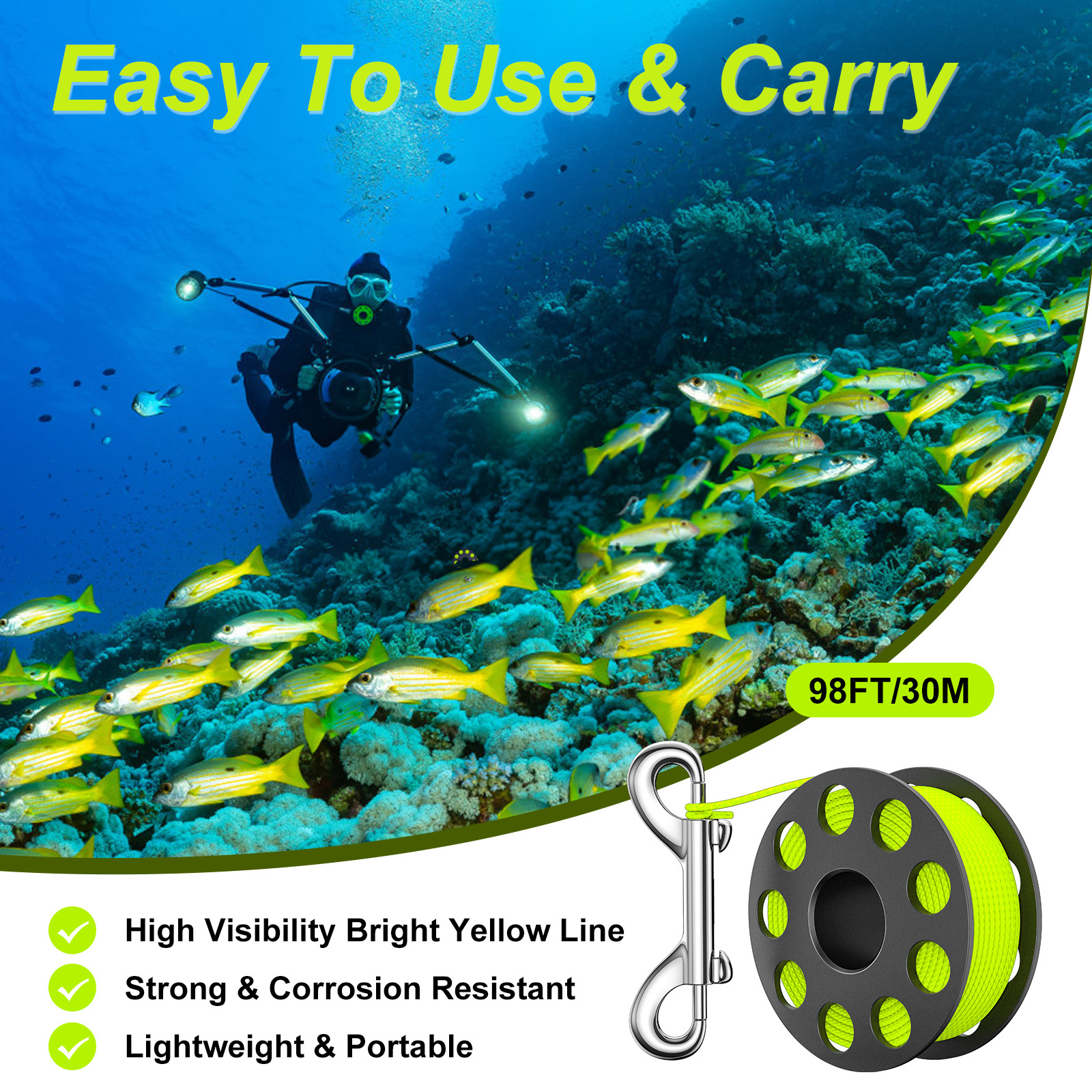 Diving reel with stainless steel double-head hook buoy coil 30 m nylon rope plastic reel like pull diving accessories