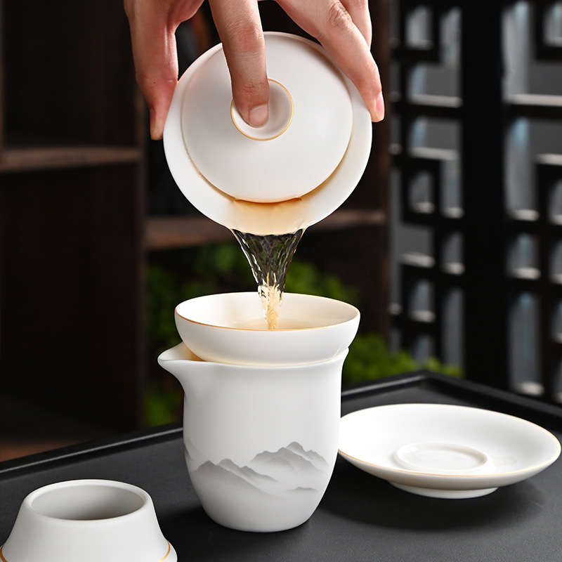 Light Luxury Mutton-Fat Jade Gold-Painted Bowl Teapot Tea Set High-End Kung Fu Tea Set Set for Home Use Wholesale