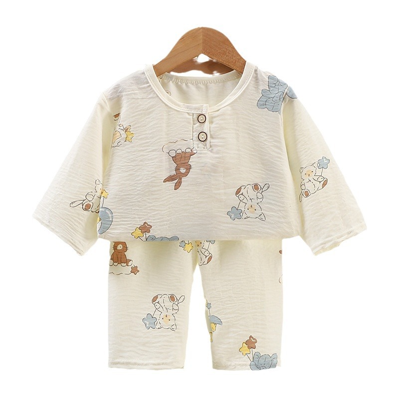 Children's Popular Summer Home Clothes Set with Mid-Sleeve for Boys and Girls, Cloud Cotton Thin Air-Conditioned Clothes, Mid-Pants, Casual Pajamas