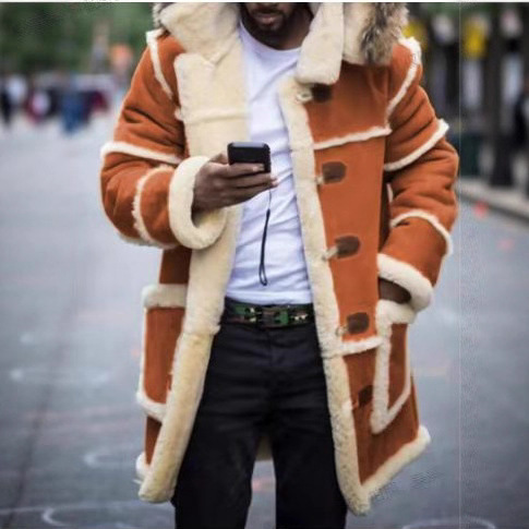 Cross-border Foreign Trade Men's Pocket Youth Solid Color Stitching Casual Slim-fit Lapel Hooded Winter Coat