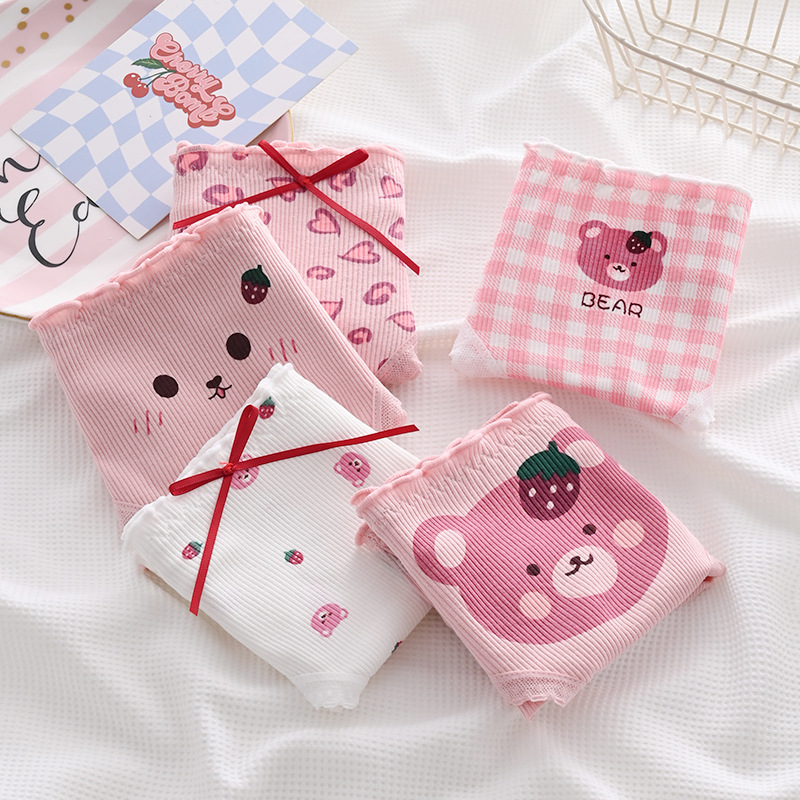 Cs034 # Pink Floral Mid-Waist Breathable Underwear for Women Japanese Style Cute and Sweet Print Girl Student Triangle Shorts