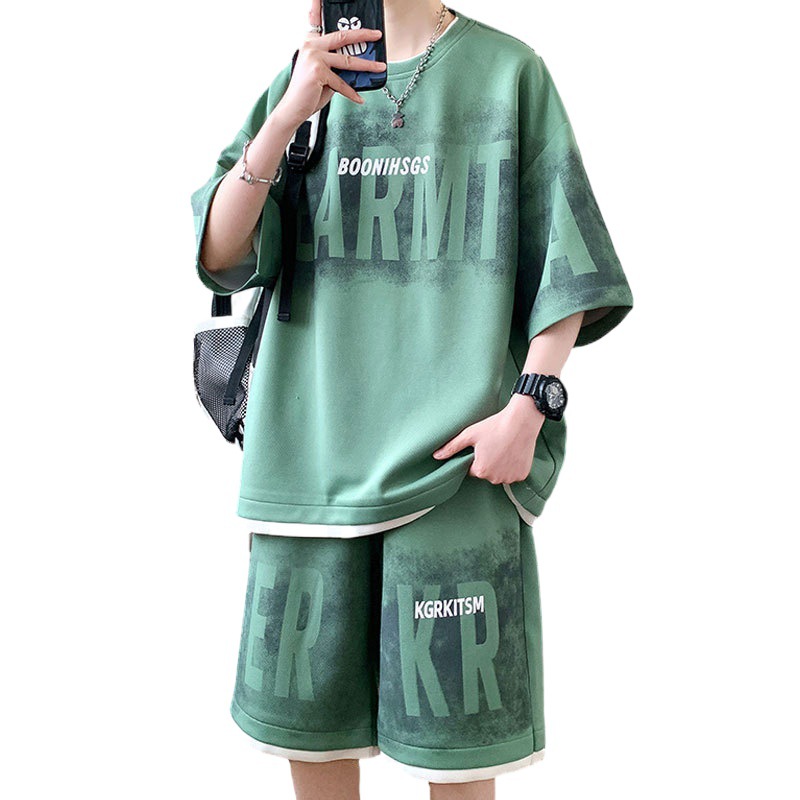 Men's Large Size Sports Suit Summer Ice Silk New Trendy Brand Fake Two-Piece Short-Sleeved Shorts Youth Casual Two-Piece