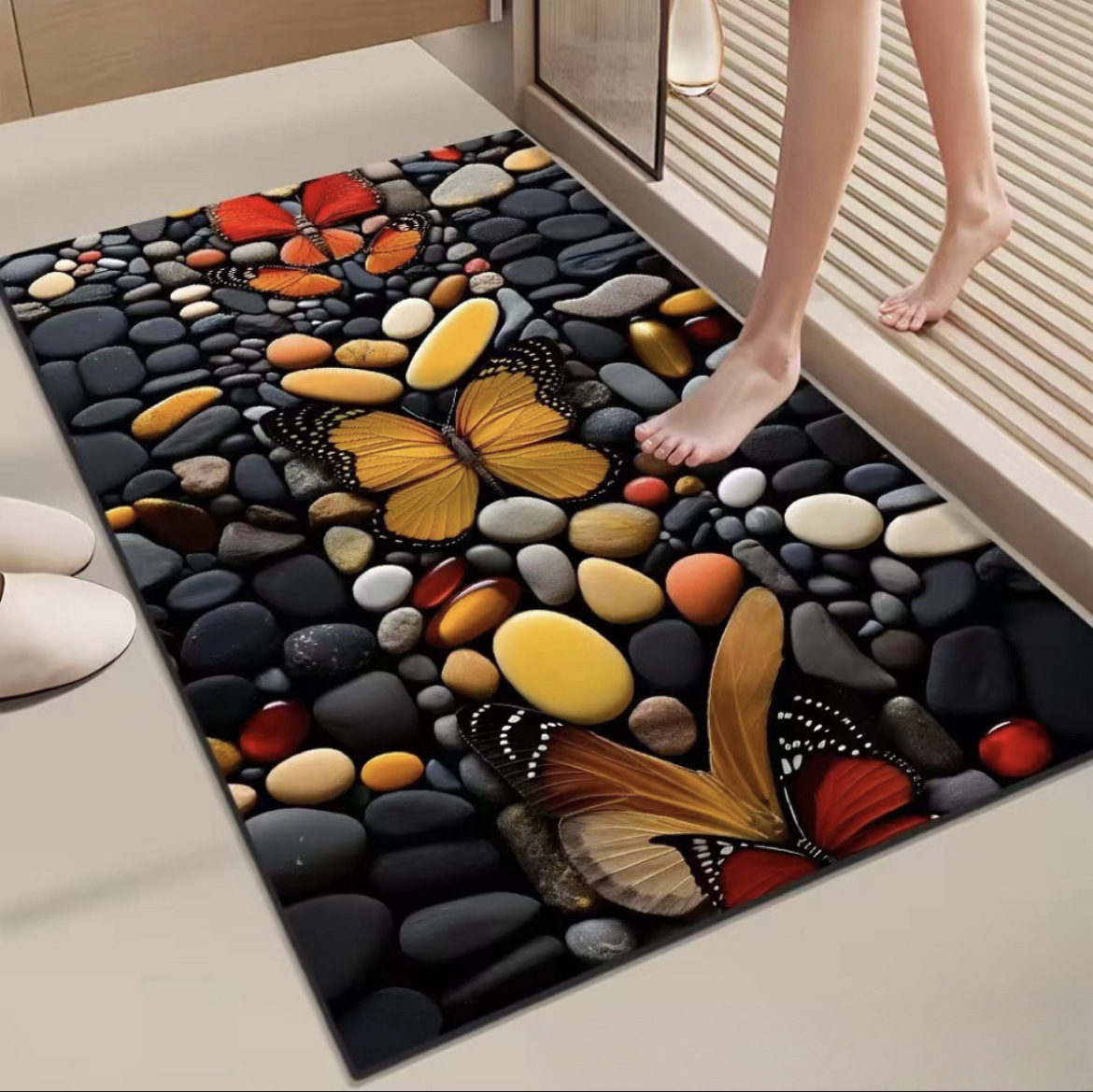 Creative Pebble Butterfly Diatom Mud Water-Absorbent Quick-Drying Foot Mat Bathroom Kitchen Stain-Resistant Non-Slip Bathroom Floor Mat