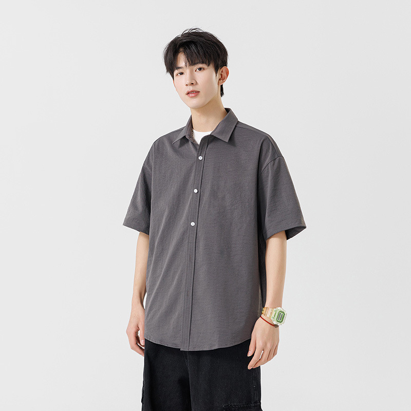 Hawaiian Short-Sleeved Shirt Men's Summer Trend Japanese Style Simple Loose Casual Boys Pure Cotton Three-Quarter Sleeve Shirt