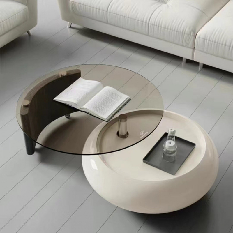Rotating Cream Style Coffee Table Small Apartment Living Room Designer Light Luxury High-End Round Tempered Glass Coffee Table Combination