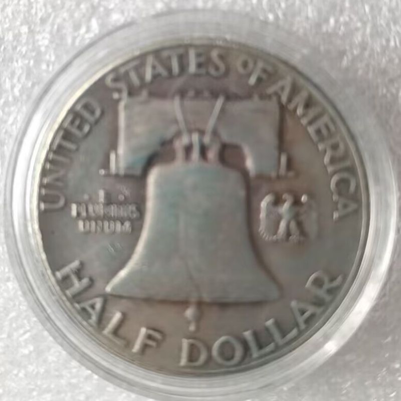 Антикварная монета полдоллара Франклина, латунь с серебряным покрытием, в круглой коробке