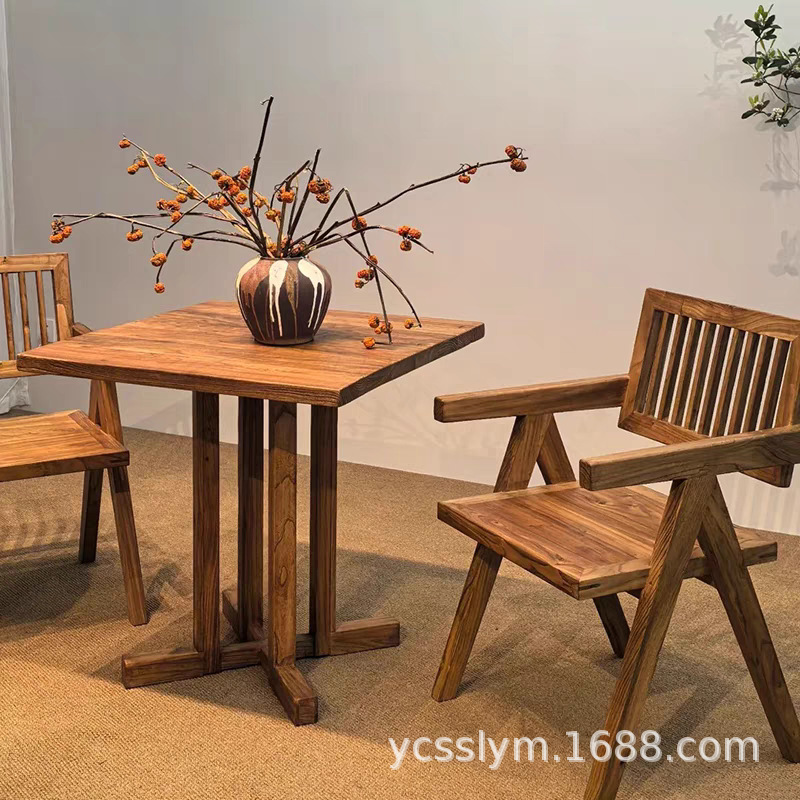 Wabi-Sabi Style Vintage Dining Table Square Table Old Elm Commercial Outdoor Table and Chairs Coffee Shop Folk Tavern Booth Table and Chairs