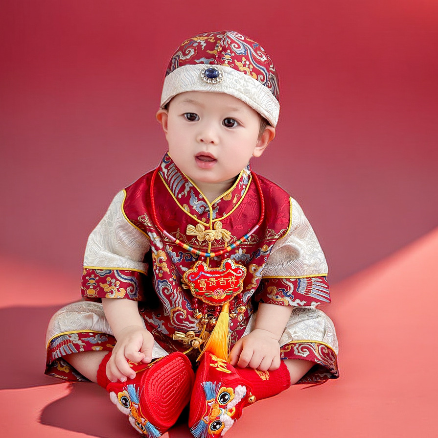 Boys' Summer New One-Year Old Dress Men's Treasure Birthday Banquet Grab Week Dress New Chinese Tang Suit Baby Crown Coat Hanfu