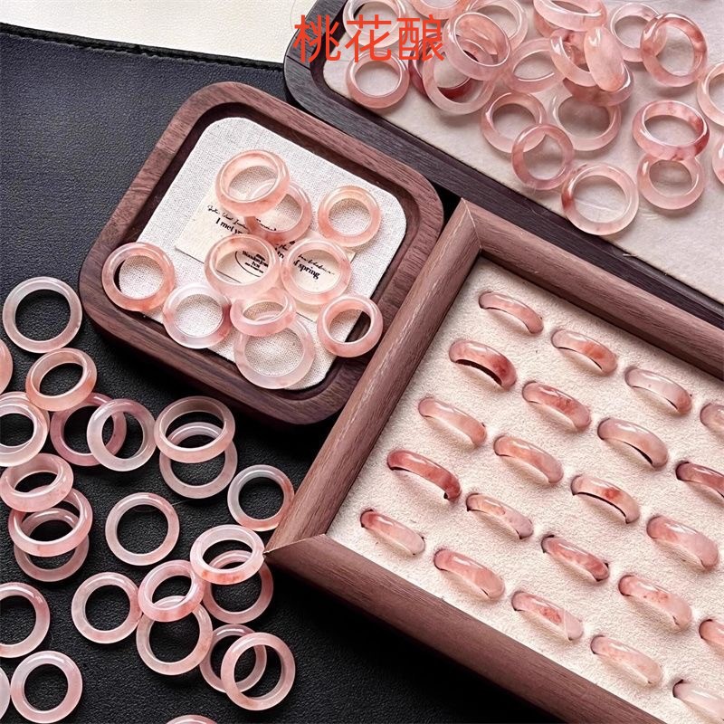 Natural Agate Ring Women's Peach Blossom Brewed Ring Ring Hibiscus Pigment Ring Couple Men's and Women's Ring Jade Ring