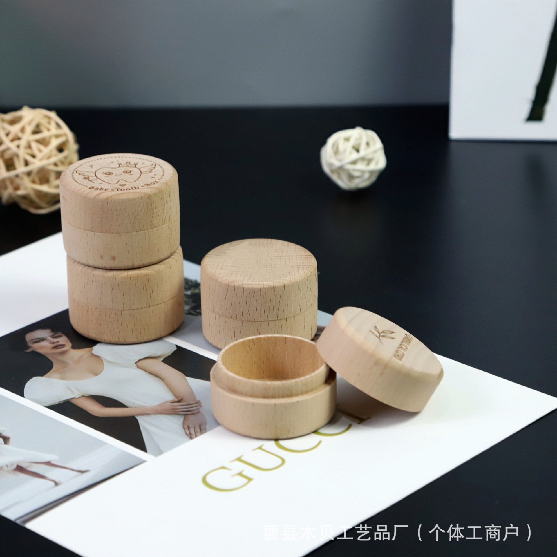 in stock Solid Wood Teeth Box Children's Teeth Fetal Hair Storage Box Round Teeth Fairy Teeth Replacement Storage Box Ring Box