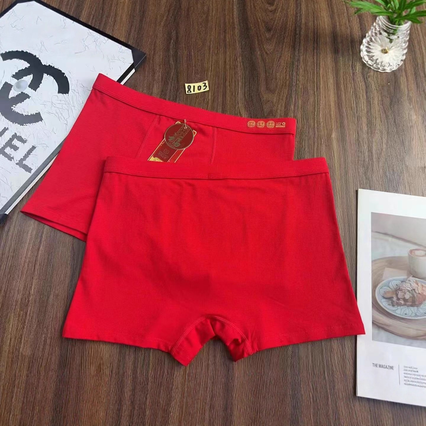 8103 # Optional Size: Men's Red Zodiac Year 95% Combed Cotton Simple and Comfortable Men's Boxer Briefs Wholesale