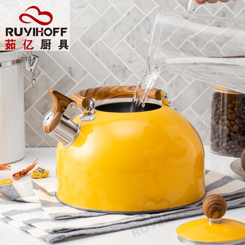 European and American Kitchenware Flat-Bottomed Whistle Kettle 3L Amazon Yellow Spray-Painted Whistle Kettle for Making Tea and Coffee